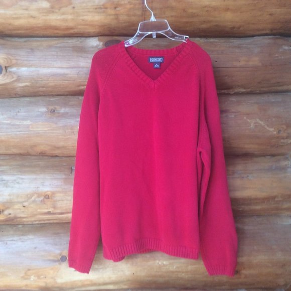 Lands' End Red 100% Cotton Knit Festive V-neck Men's Sweater Size XL 46-48 - Picture 1 of 4